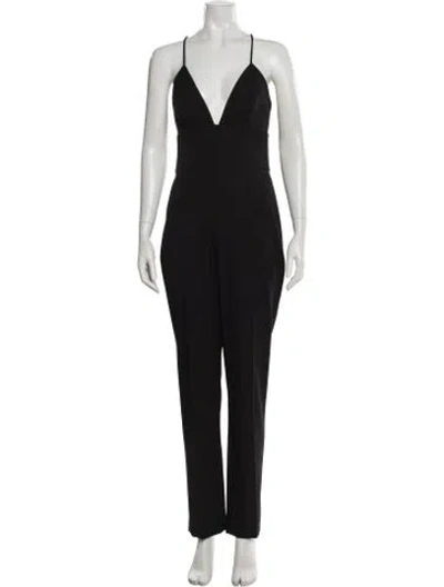 Pre-owned Oscar De La Renta Virgin Wool Plunge Neckline Jumpsuit In Black