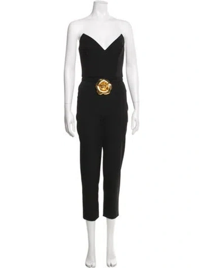 Pre-owned Oscar De La Renta Virgin Wool Plunge Neckline Jumpsuit In Black