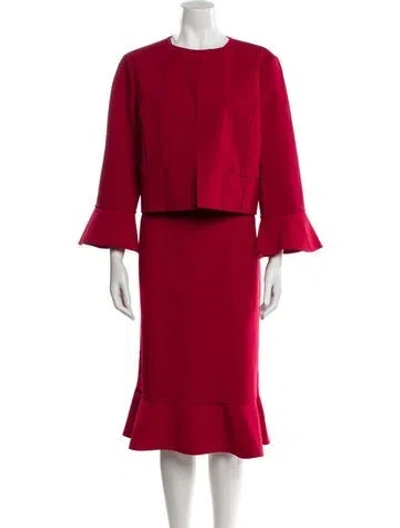 Pre-owned Oscar De La Renta Virgin Wool Ruffle Embellishment Dress Set In Red