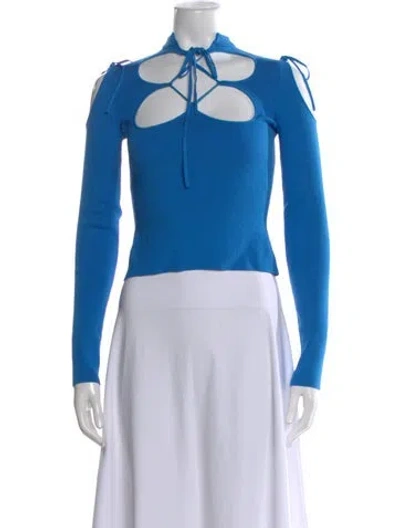 Pre-owned Oscar De La Renta Virgin Wool Tie Neck Top In Blue