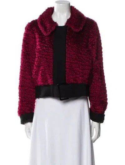 Pre-owned Oscar De La Renta Virgin Wool Tweed Pattern Faux Fur Jacket In Red