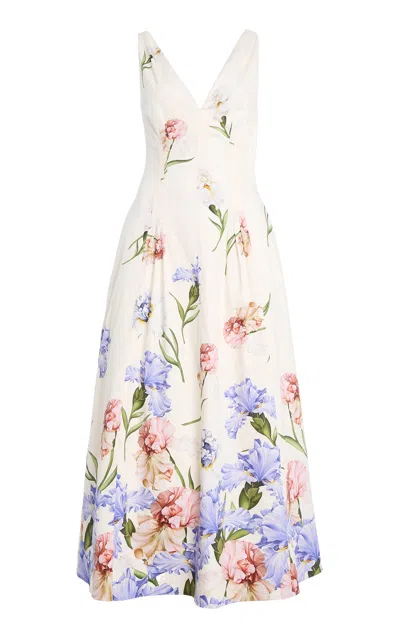 Oscar De La Renta V-neck Iris Poplin Midi Dress In White