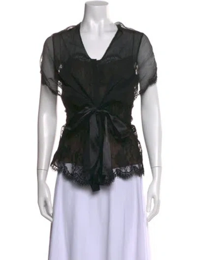 Pre-owned Oscar De La Renta V-neck Long Sleeve Blouse In Black