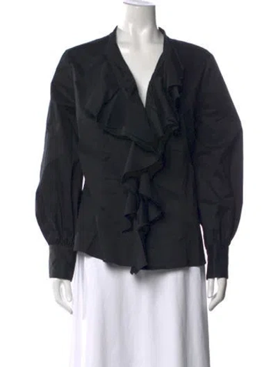 Pre-owned Oscar De La Renta V-neck Long Sleeve Blouse In Blue