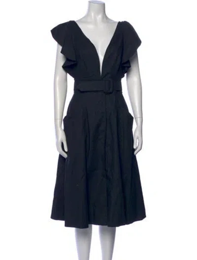 Pre-owned Oscar De La Renta V-neck Midi Length Dress In Blue