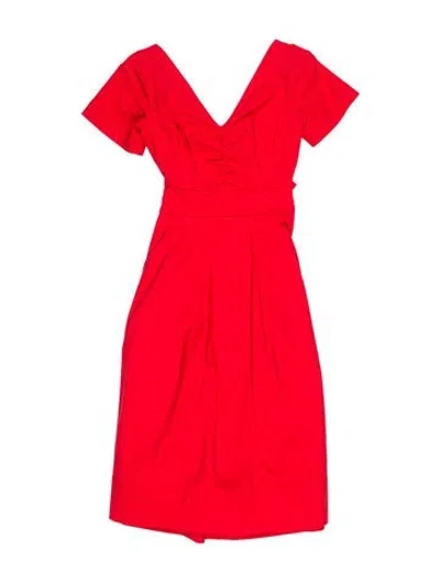 Pre-owned Oscar De La Renta V-neck Midi Length Dress In Red