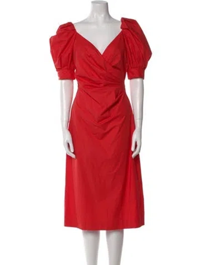 Pre-owned Oscar De La Renta V-neck Midi Length Dress In Red