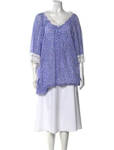 Pre-owned Oscar De La Renta V-neck Three-quarter Sleeve Tunic In Blue