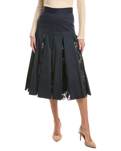 Oscar De La Renta Water Lily Guipure Inset Silk-lined A-line Skirt In Blue