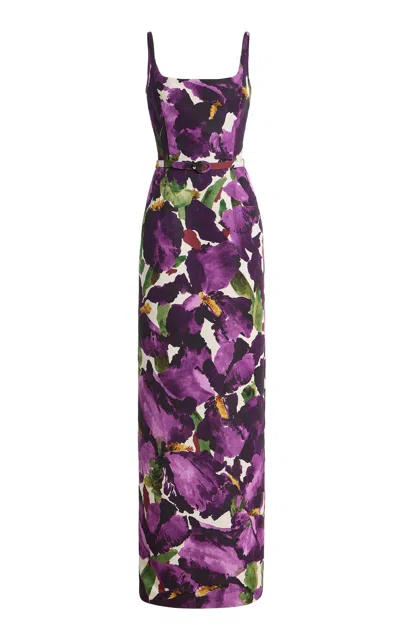 Oscar De La Renta Watercolor Iris Faille Gown In Purple