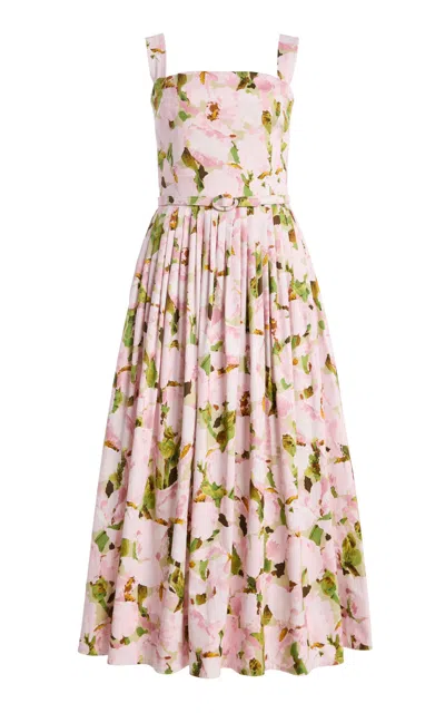 Oscar De La Renta Watercolor Iris Poplin Midi Dress In Pink