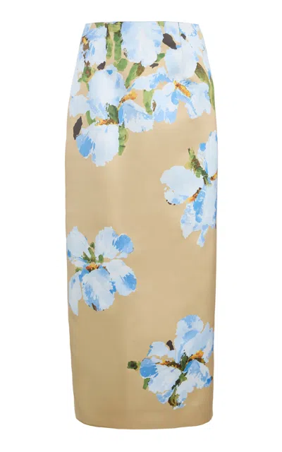 Oscar De La Renta Watercolor Iris Satin Pencil Midi Skirt In Neutral