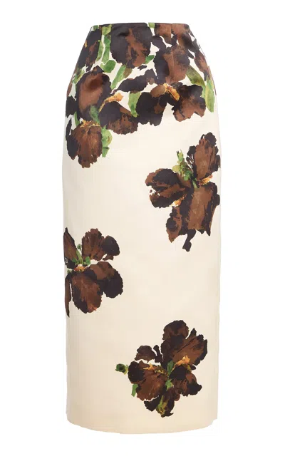 Oscar De La Renta Watercolor Iris Satin Pencil Midi Skirt In White