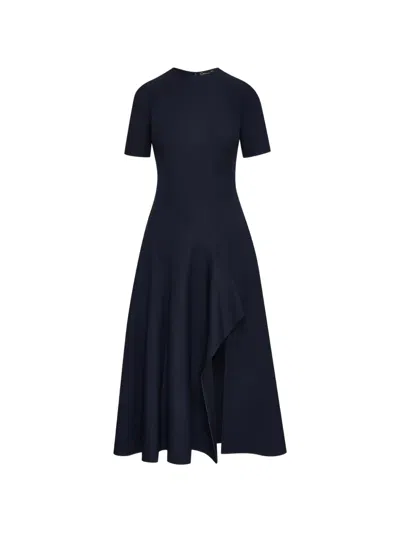 Oscar De La Renta Wave Detail Stretch Wool-blend Maxi Dress In Blue