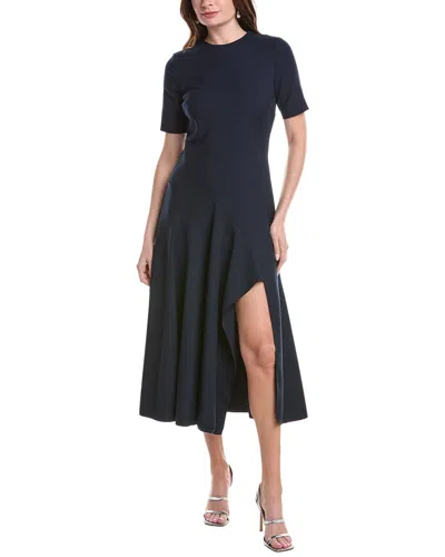 Oscar De La Renta Wave Detail Stretch Wool-blend Maxi Dress In Blue