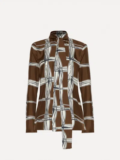 Oscar De La Renta Wavy Plaid Silk Twill Blouse In Brown