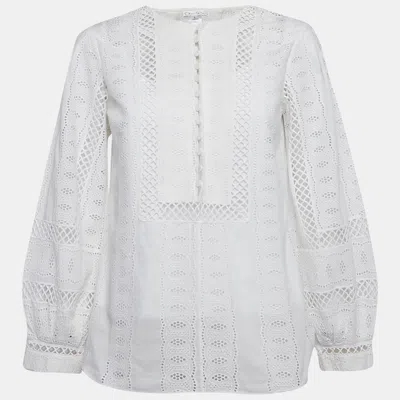 Pre-owned Oscar De La Renta White Broderie Anglaise Long Sleeve Blouse M