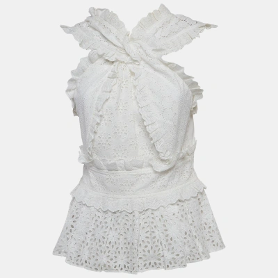 Pre-owned Oscar De La Renta White Cotton Lace Ruffle Detail Peplum Top L
