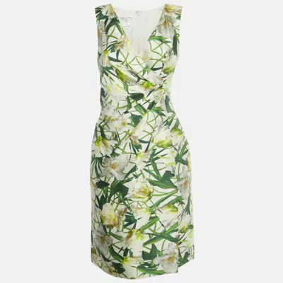 Pre-owned Oscar De La Renta White Floral Print Silk & Wool Plunge Neck Short Dress S