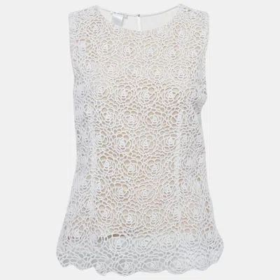 Pre-owned Oscar De La Renta White Lace And Crepe Sleeveless Top M