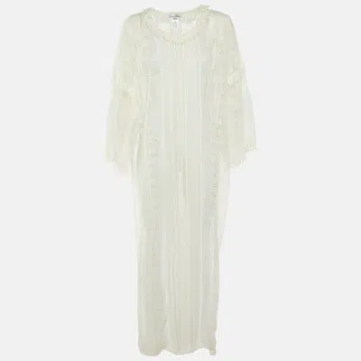Pre-owned Oscar De La Renta White Lace Sheer Kaftan Maxi Dress S
