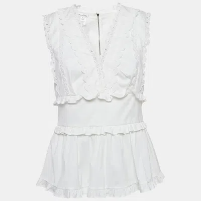 Pre-owned Oscar De La Renta White Lace Trim Cotton Ruffled Peplum Top M