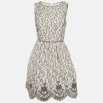 Pre-owned Oscar De La Renta White Tweed Cut-out Scallop Short Dress M