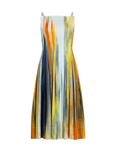 Oscar De La Renta Abstract Cotton Raso Pleated Dress In Calendula Multi