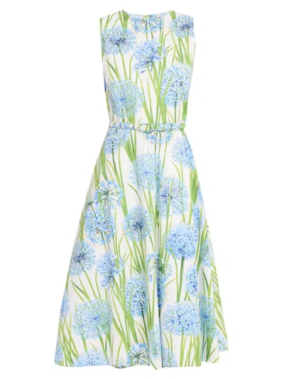 Oscar De La Renta Alliums Poplin Sleeveless Belted Midi Dress In Blue