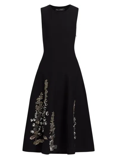 Oscar De La Renta Embroidered Foxglove Sleeveless Midi Dress In Black