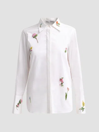 Oscar De La Renta Beaded Mixed Botanical Stretch Twill Blouse In White