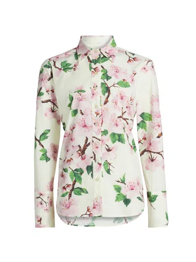 Oscar De La Renta Cherry Blossom Cotton Poplin Blouse In White