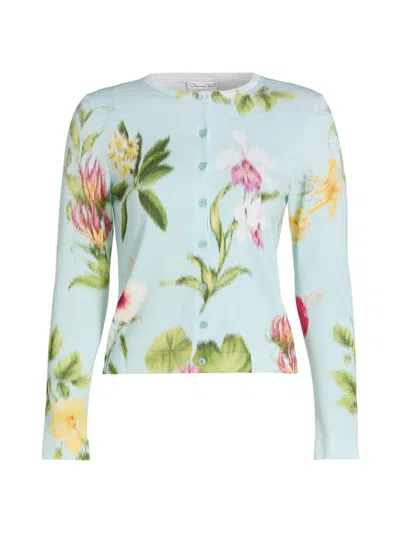 Oscar De La Renta Dominican Floral-print Crewneck Cardigan In Blue
