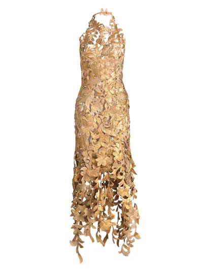 Oscar De La Renta Women's Corded Floral Embroidered Halterneck Gown In Oyster