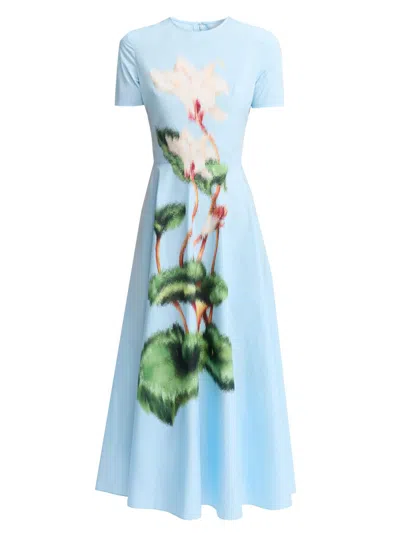 Oscar De La Renta Short Sleeve Chine Cyclamen Poplin Day Dress In Blue