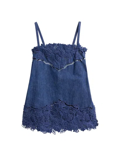 Oscar De La Renta Women's Embroidered Floral Denim Minidress In Blue