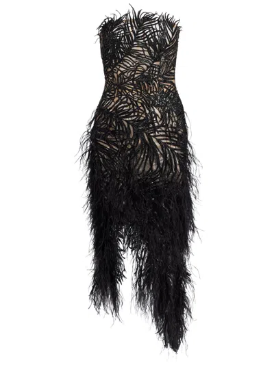 Oscar De La Renta Strapless Feather-trimmed Embroidered Mesh Mini Dress In Black