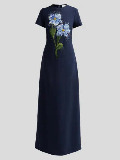 Oscar De La Renta Short Sleeve Beaded Chine Floral Embellished Caftan In Blue