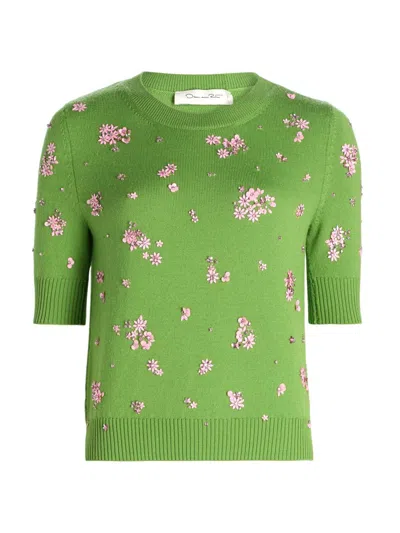 Oscar De La Renta Floral Crystal And Sequin-embellished Wool Sweater In Green