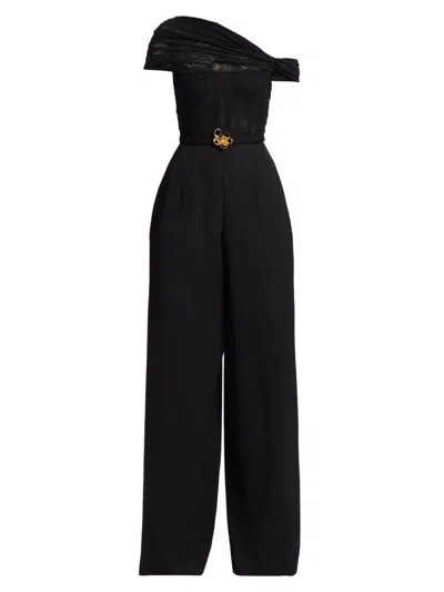 Oscar De La Renta Women's Floral Lace-virgin Wool One-shoulder Wide-leg Jumpsuit In Black