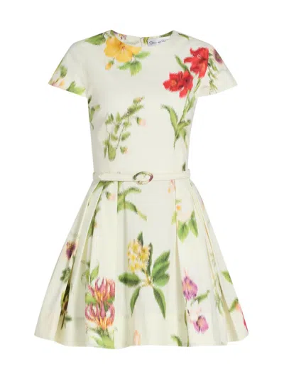 Oscar De La Renta Chine Floral-print Poplin Short-sleeve Belted Mini Dress In Multi