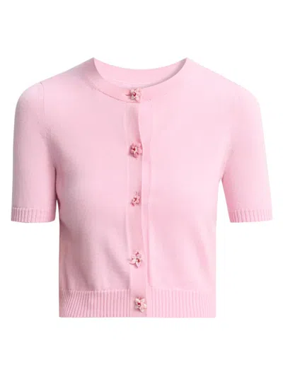 Oscar De La Renta Women's Flower-button Short-sleeve Wool Cardigan In Pink