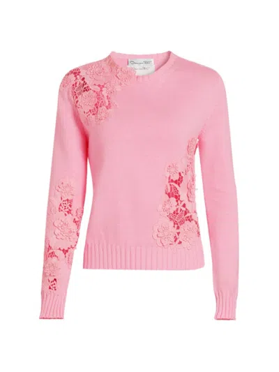 Oscar De La Renta Women's Guipure Lace Cotton Sweater In Soft Pink