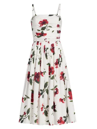 Oscar De La Renta Belted Pleated Floral-print Cotton-blend Poplin Midi Dress In White