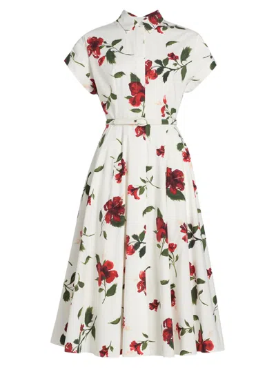 Oscar De La Renta Short-sleeve Hibiscus Cotton Poplin Midi Shirtdress With Belt In Multi