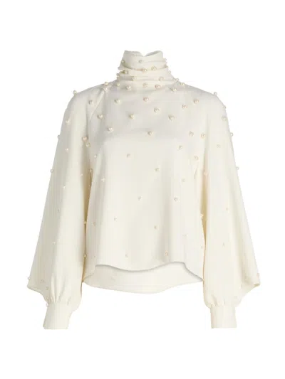 Oscar De La Renta Women's Imitation Pearl-embellished Silk-blend Georgette Blouse In Neutral