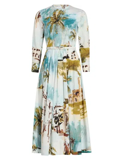 Oscar De La Renta Long-sleeve Landscape-print Cotton Poplin Midi Shirtdress With Belt In Multi