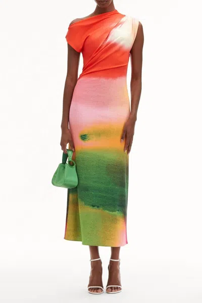 Oscar De La Renta Abstract Watercolor One Shoulder Jersey Midi Dress In Multi