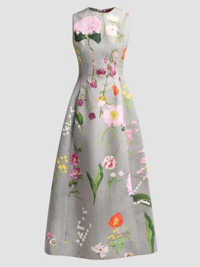 Oscar De La Renta Sleeveless Mixed Botanical Faille Cocktail Dress In Gray