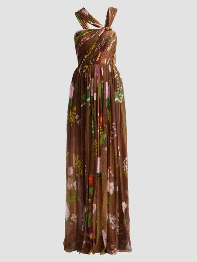 Oscar De La Renta Off-the-shoulder Pleated Floral-print Silk-chiffon Gown In Brown